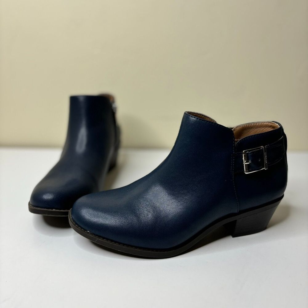 Vionic Boot Women's 7 Blue Leather Zip Up Buckle Ankle Bootie Block Heel Western